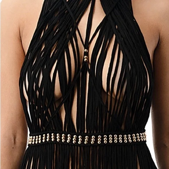 Black Fringe Maxi Cover Up One Size Halter Sheer Beach Dress Gold Waist Detail - Picture 10 of 14